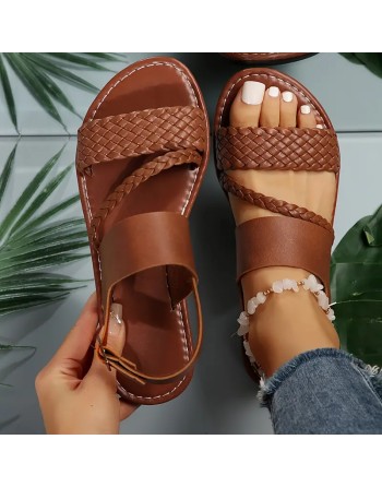 Women's Braided Flat Sandals, Solid Color Open Toe Buckle Strap Shoes, Casual Outdoor Beach Sandals
