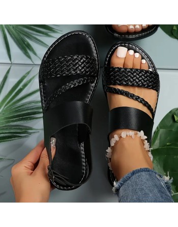 Women's Braided Flat Sandals, Solid Color Open Toe Buckle Strap Shoes, Casual Outdoor Beach Sandals