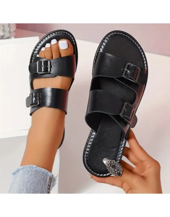 Sandales à glissière de couleur unique pour femmes, chaussures plates décontractées à bout ouvert