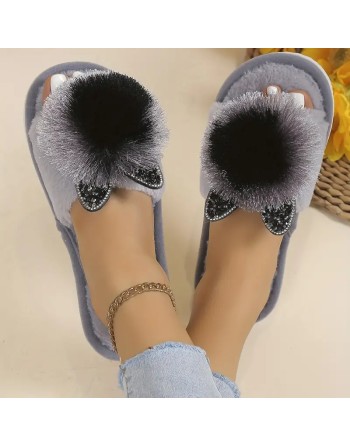 Cute Pom-pom Cat House Slippers, Cozy Open Toe Plush Flat Floor Shoes, Winter Warm Home Fuzzy Slippers
