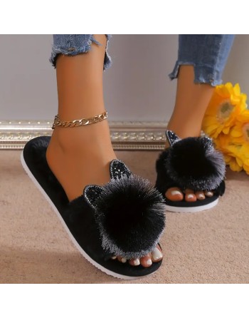 Cute Pom-pom Cat House Slippers, Cozy Open Toe Plush Flat Floor Shoes, Winter Warm Home Fuzzy Slippers
