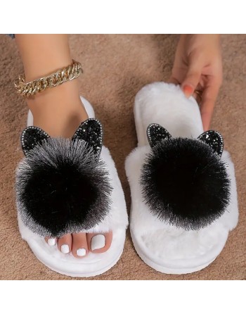 copy of Cute Pom-pom Cat House Slippers, Cozy Open Toe Plush Flat Floor Shoes, Winter Warm Home Fuzzy Slippers
