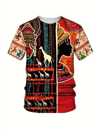 Ethnic Style Tribal Elements Pattern Men's Creative Short Sleeve Crew Neck T-shirt, Outdoor Holiday